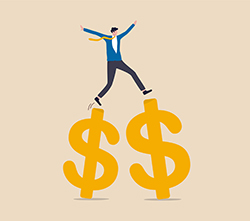 man walking on two dollar symbols